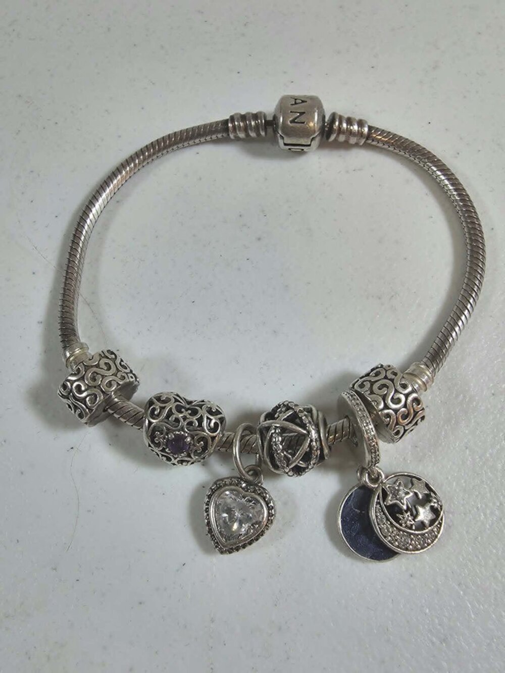 PANDORA CHARM BRACELET 925 SILVER SNAKE CHAIN 6 CHARMS SPARKLING HEARTS DANGLE